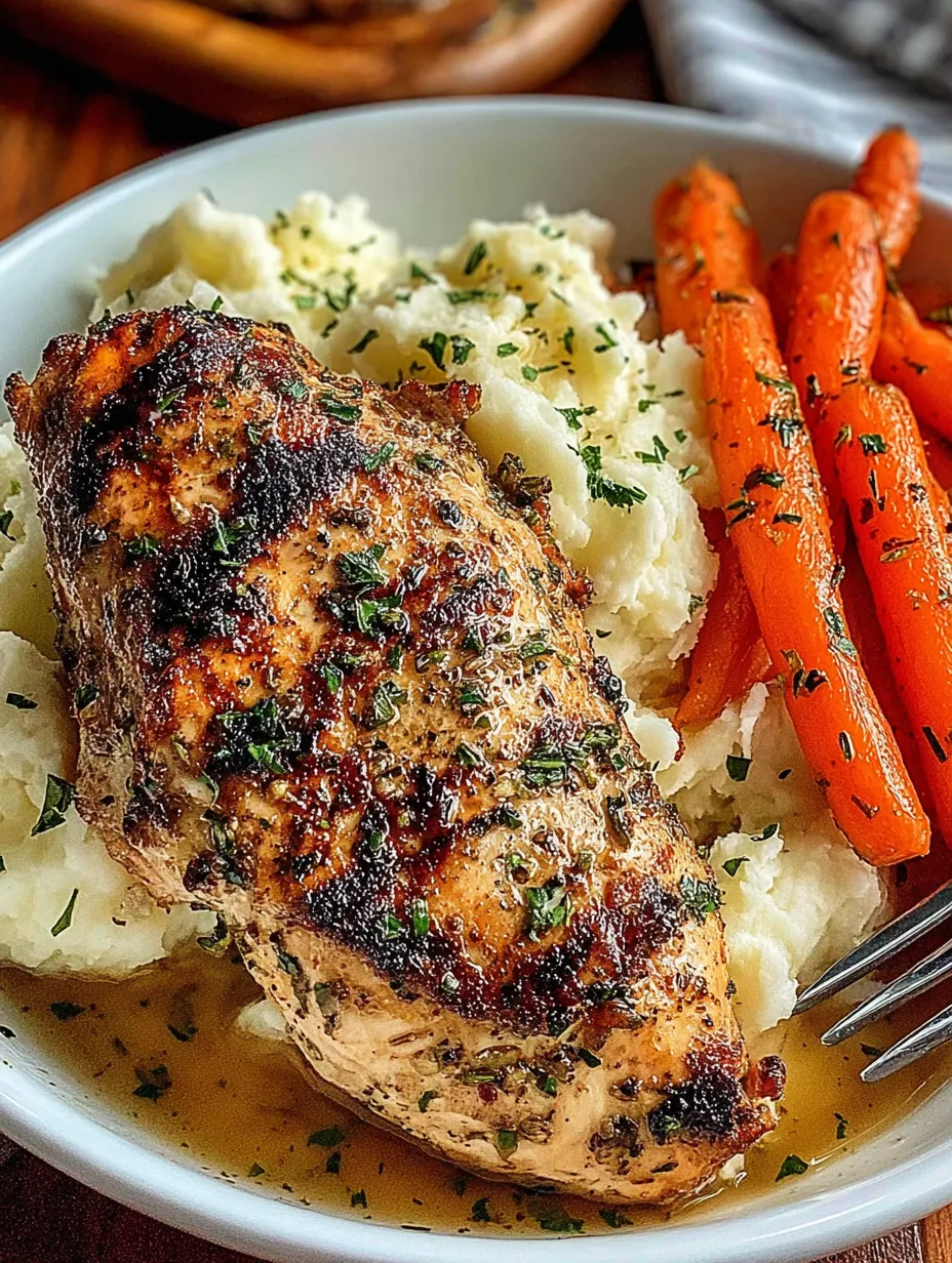 A plate of food with chicken, potatoes, and carrots.