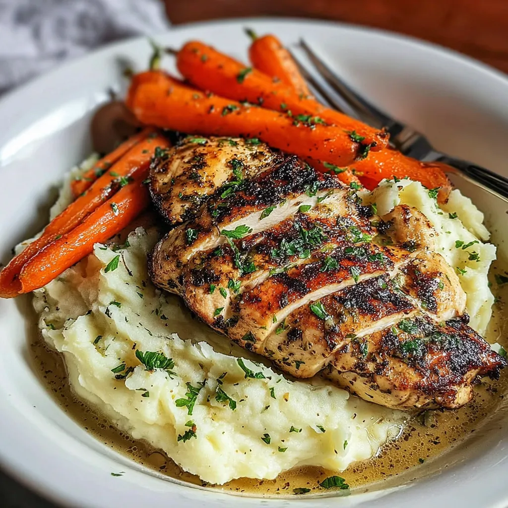A plate of food with chicken, carrots, and potatoes.
