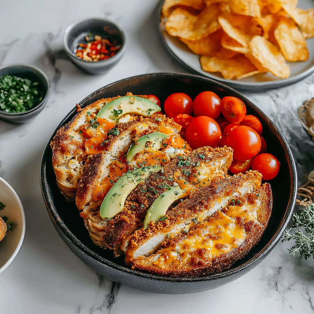 A plate of food with chicken, tomatoes, and avocado.