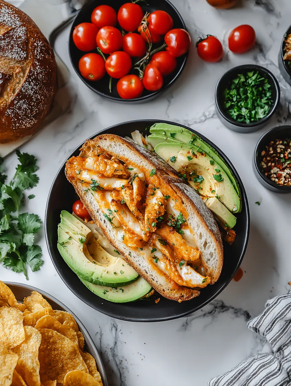 A sandwich with chicken and avocado on a plate.