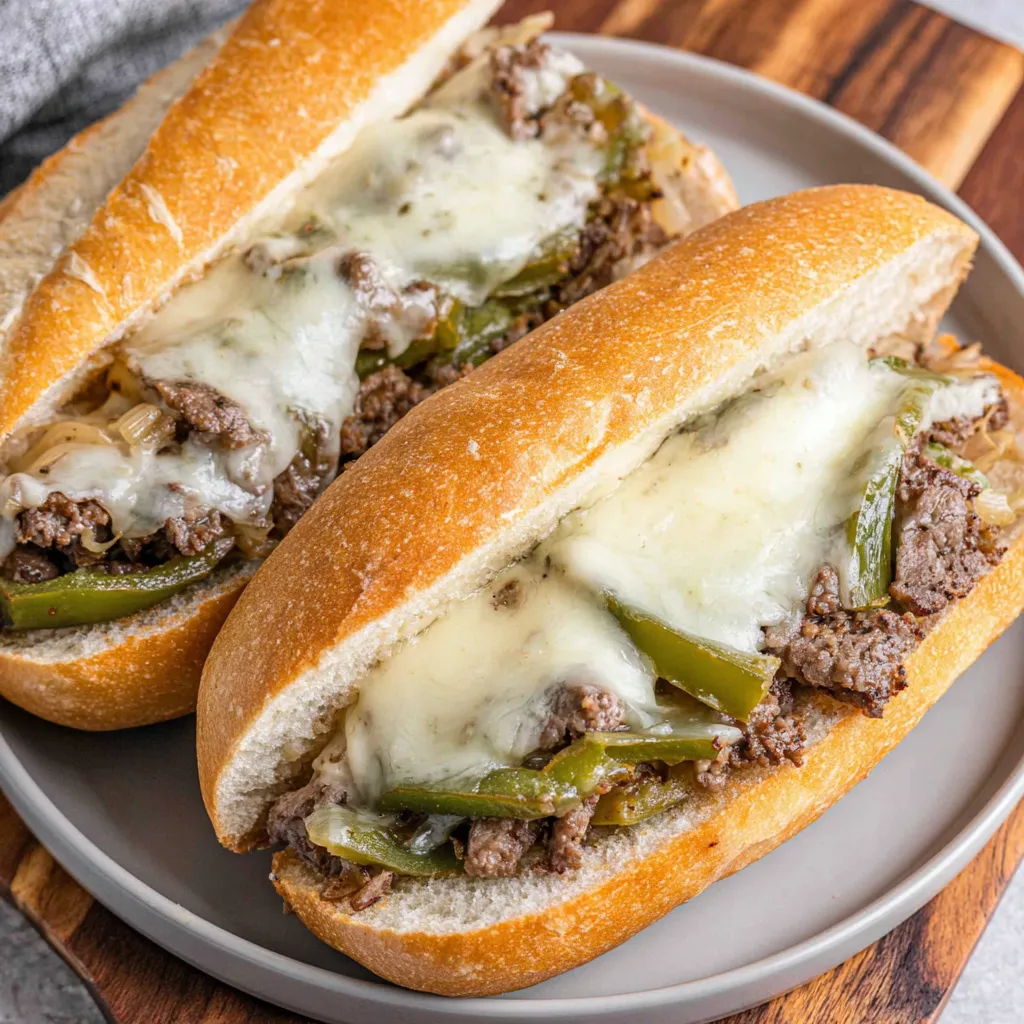 Two sandwiches with meat and cheese on a plate.