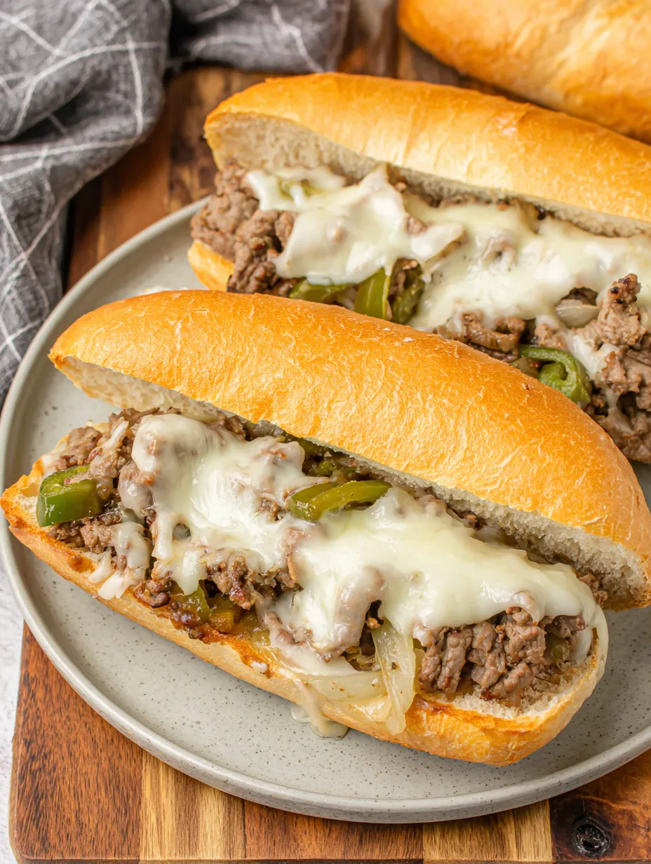 Two sandwiches with meat and cheese on a plate.