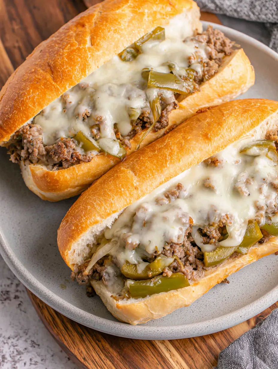 Two sandwiches with meat and cheese.