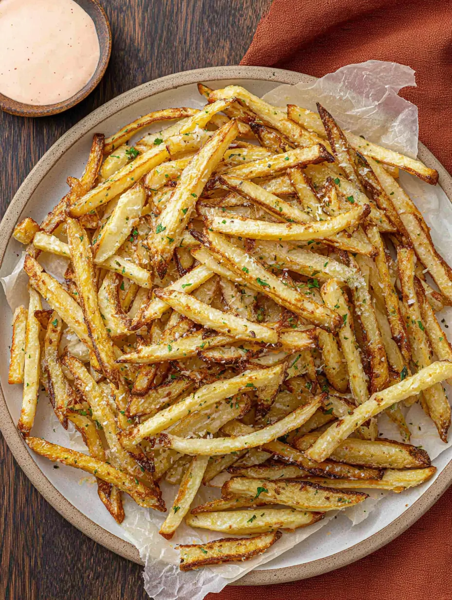 A plate of french fries with a dipping sauce.