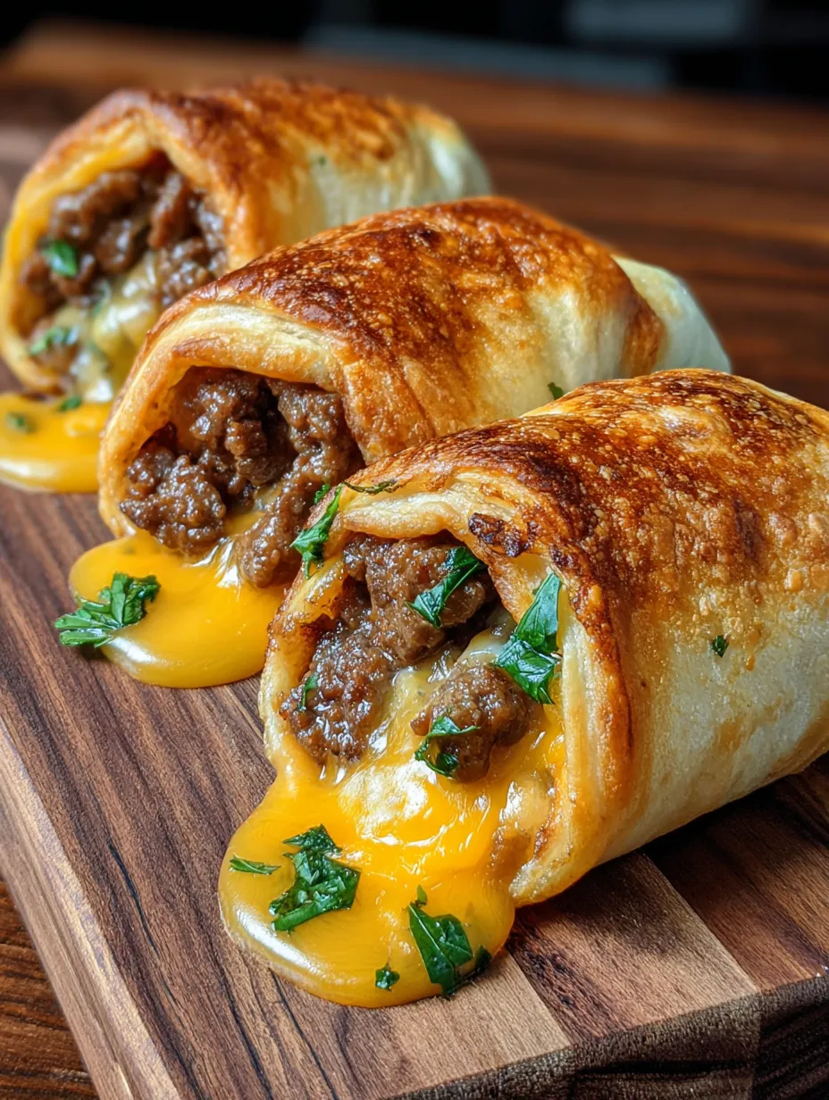 Three meat filled pastries on a wooden table.