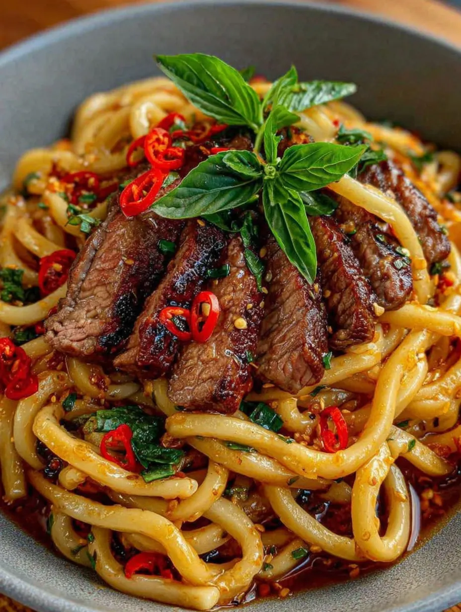 A bowl of noodles with meat and peppers.