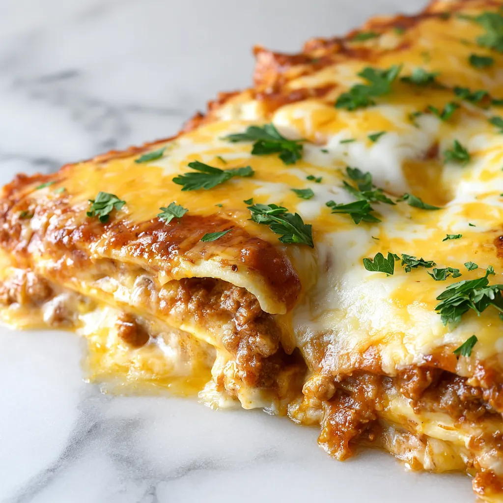 A slice of lasagna with cheese and herbs on top.