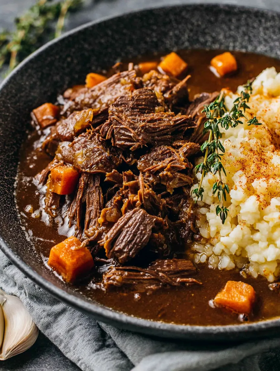 A bowl of beef stew with carrots and potatoes.