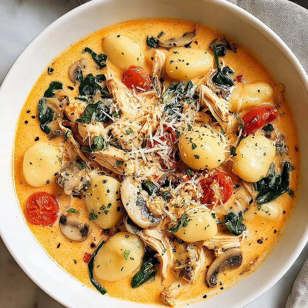 A bowl of soup with mushrooms, tomatoes, and chicken.