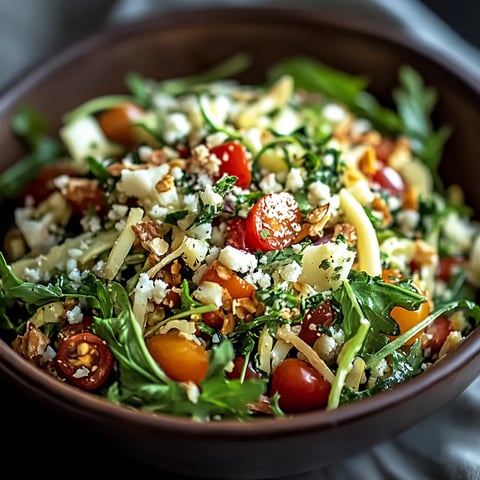 A bowl of salad with tomatoes, cheese, and greens.