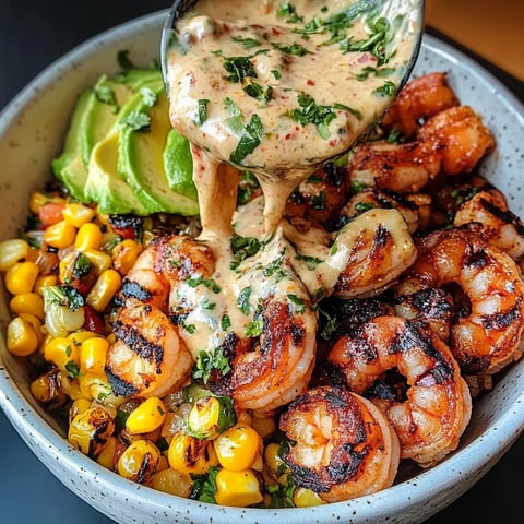 Grilled Shrimp Bowl with Avocado, Corn Salsa & Creamy Garlic Sauce