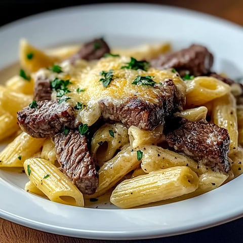 Garlic Butter Steak Tips with Cheesy Rigatoni