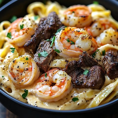 Cajun Shrimp and Steak Alfredo Pasta