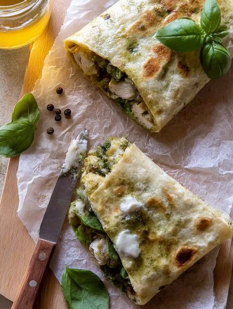 Pesto Chicken and Avocado Bacon Salad Wraps.
