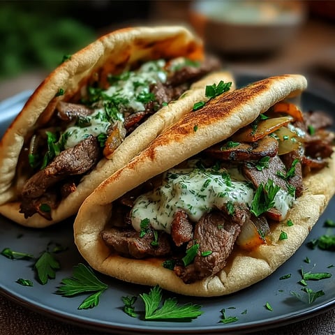 Cheesy Beef and Mushroom Pita Pockets with Tzatziki Sauce