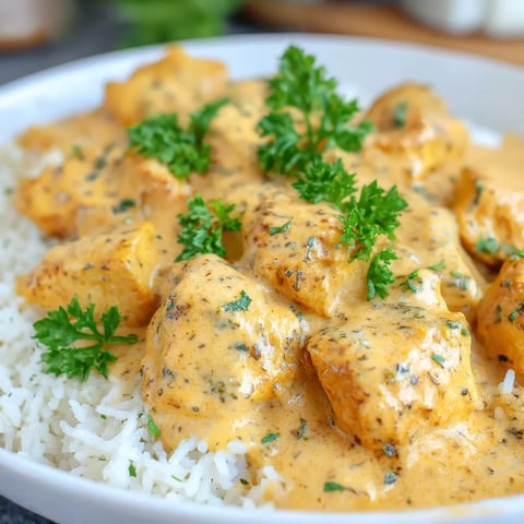 A bowl of rice and chicken covered in a creamy sauce.