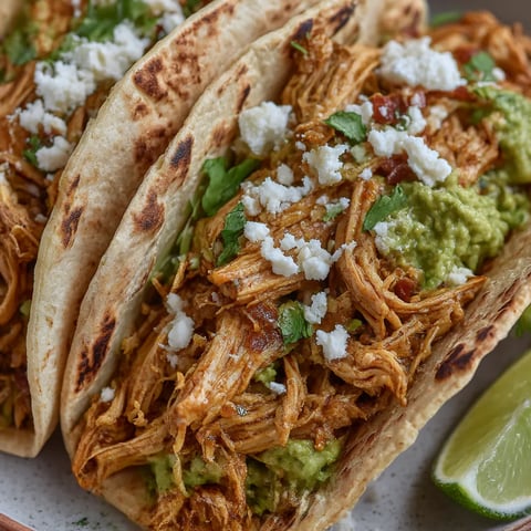 Two chicken tacos with cheese and guacamole.