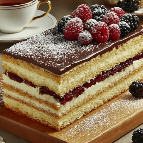 A chocolate custard layered cake with raspberries on top.