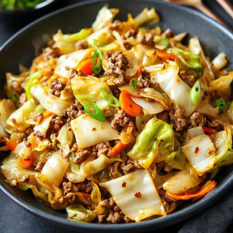 A bowl of Chinese ground beef and cabbage stir-fry.