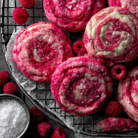 A plate of pink and white cookies with raspberry jam.