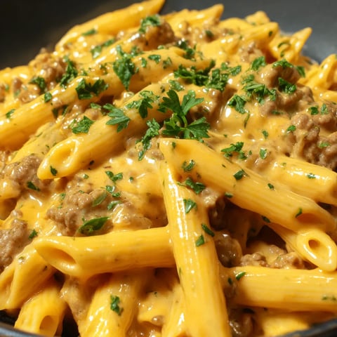 A bowl of creamy velveeta beef stroganoff and penne pasta.