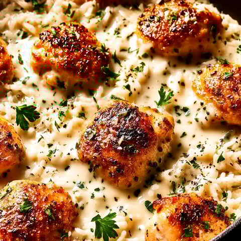 A dish of chicken and rice with a creamy sauce.