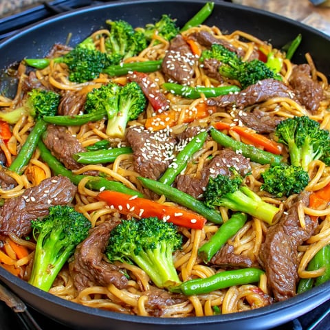 A homemade beef and broccoli lo mein dish.