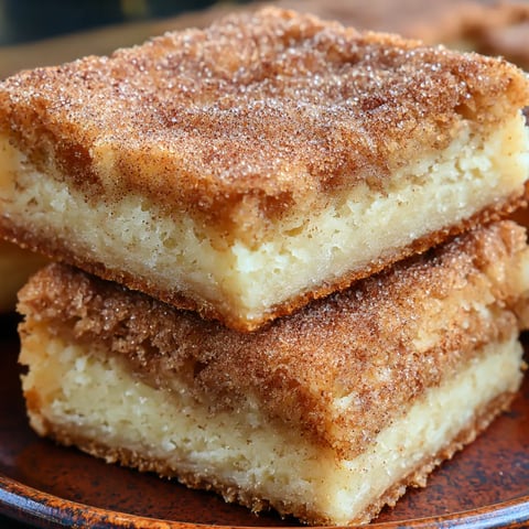 Three stacked chewy snickerdoodle cookie bars.