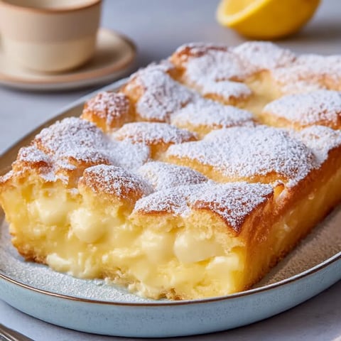 A slice of lemon cake with powdered sugar on top.