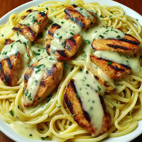 A plate of chicken Alfredo pasta.