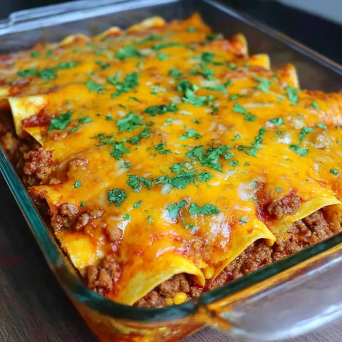 A casserole dish filled with beef enchilada casserole.