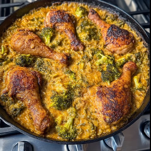 A pan of chicken drumsticks with broccoli and cheese rice.