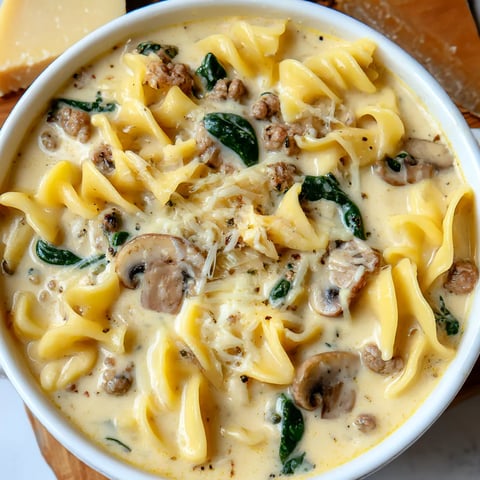 A bowl of creamy alfredo lasagna soup.