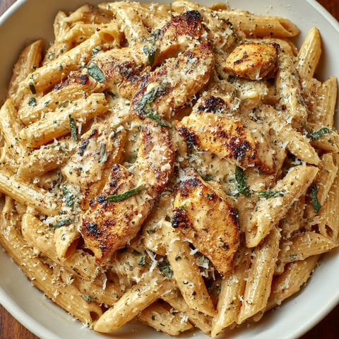 A plate of pasta with chicken and cheese.