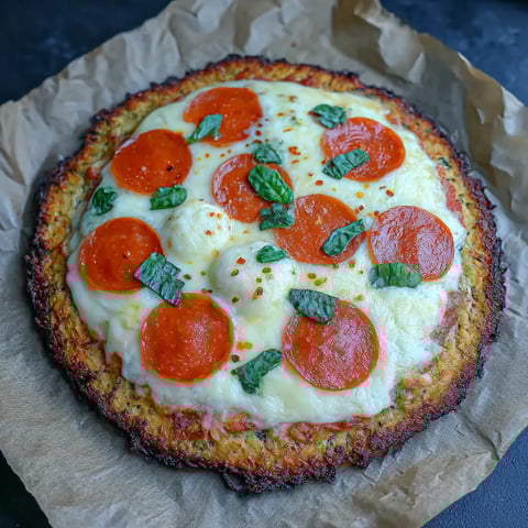 A pizza with pepperoni and spinach on a paper towel.