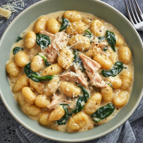 A bowl of creamy chicken gnocchi.
