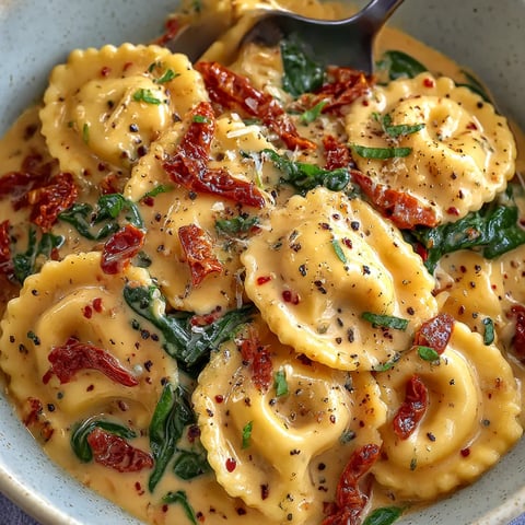 A bowl of creamy Tuscan ravioli.