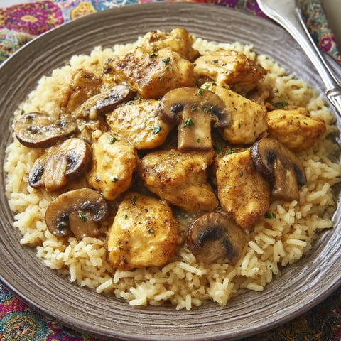 A plate of chicken, mushrooms and rice.