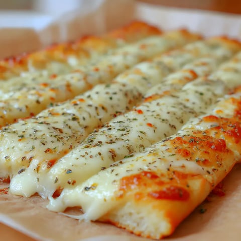 Homemade cheesy breadsticks on a tray.