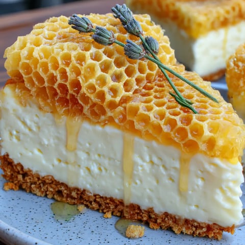 A slice of lemon lavender cheesecake with honeycomb.