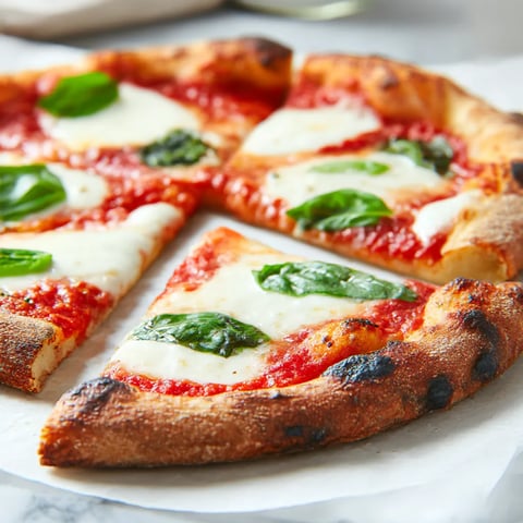A pizza with green leaves on top.