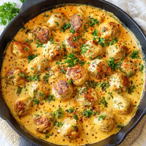 A pan of meatballs in a creamy sauce.