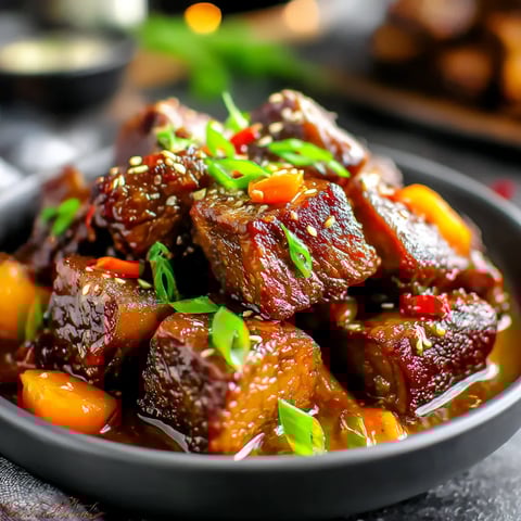 A bowl of beef with green onions and peppers.