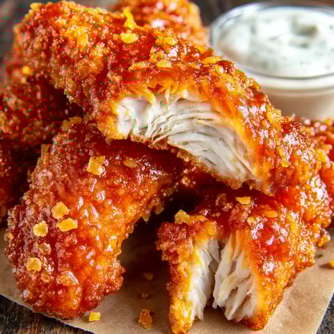A plate of honey BBQ chicken strips.