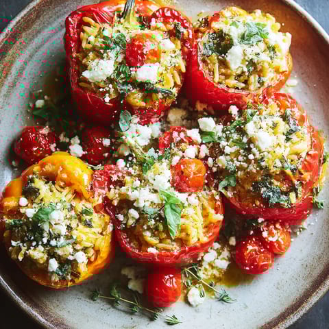 A plate of stuffed bell peppers with orzo.