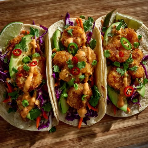 Two tacos with shrimp and vegetables on top.