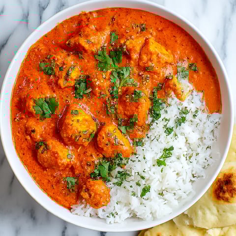 A bowl of chicken tikka masala with rice.