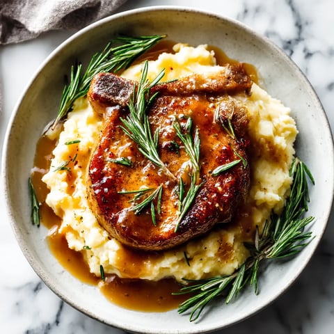 A plate of pork chops with mashed potatoes and herbs.