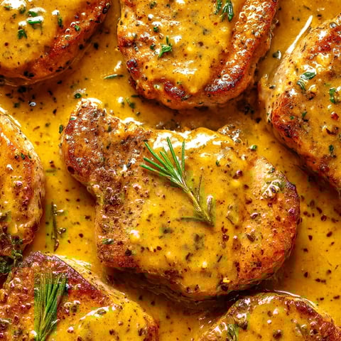 A plate of pork chops with a sauce and herbs.