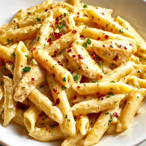 A plate of garlic Parmesan chicken pasta.